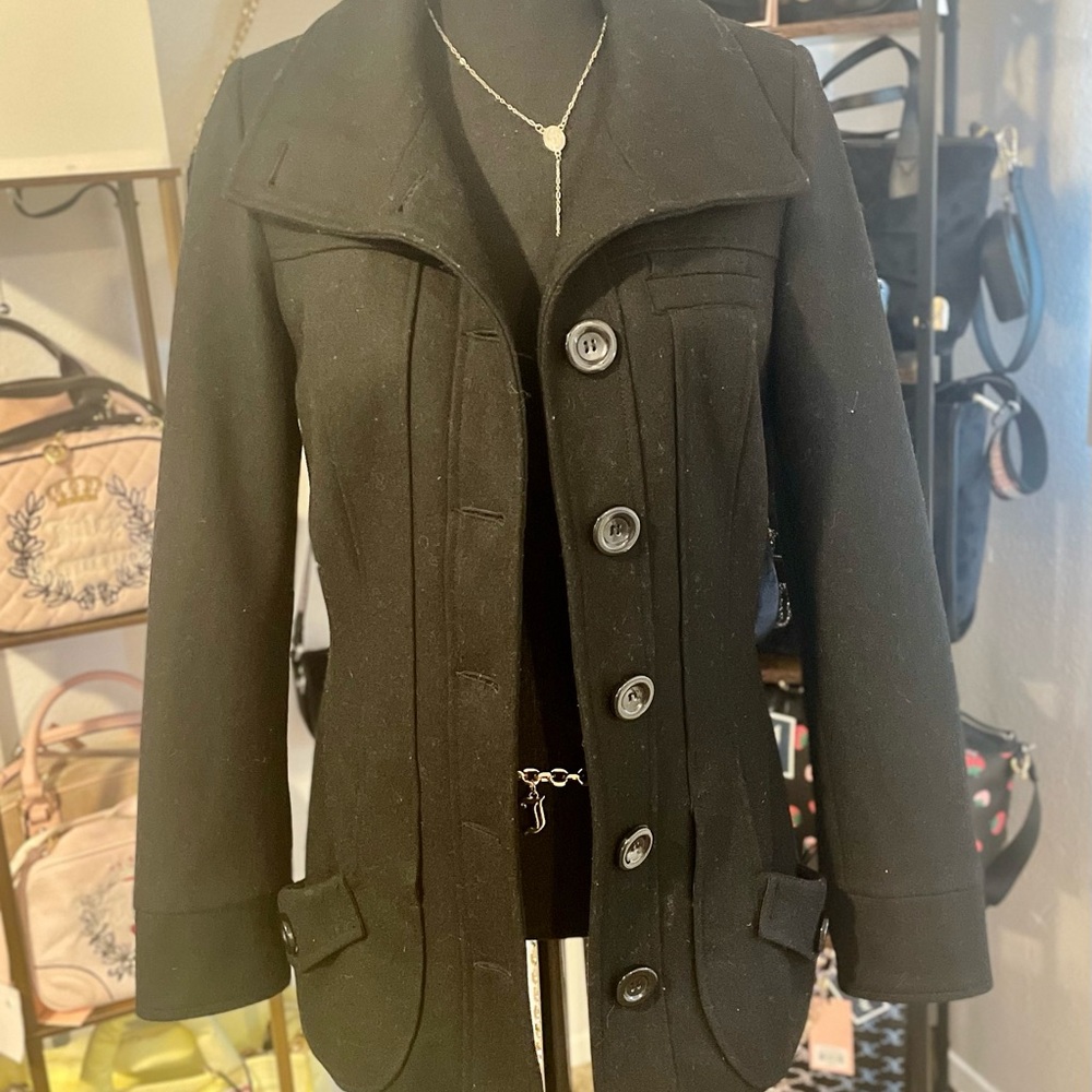 CoffeeShop Black Pea Coat with Classic Design and Mid-Length Cut
